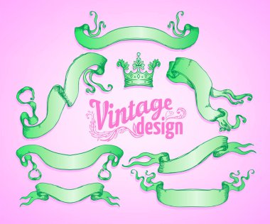 Eski tasarım elementleri ayarlandı. Parlak neon renkli kurdeleler. Vektör çizimi. 1980 'lerin tarzı. Süslü vektör dekorasyonu. Lüks, kraliyet ve Viktorya dönemi konsept tasarımı.