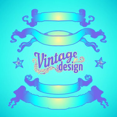 Eski tasarım elementleri ayarlandı. Parlak neon renkli kurdeleler. Vektör çizimi. 1980 'lerin tarzı. Süslü vektör dekorasyonu. Lüks, kraliyet ve Viktorya dönemi konsept tasarımı.