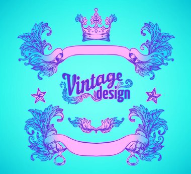 Eski tasarım elementleri ayarlandı. Parlak neon renkli kurdeleler. Vektör çizimi. 1980 'lerin tarzı. Süslü vektör dekorasyonu. Lüks, kraliyet ve Viktorya dönemi konsept tasarımı.