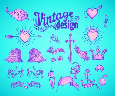 Eski tasarım elementleri ayarlandı. Parlak neon renkli kurdeleler. Vektör çizimi. 1980 'lerin tarzı. Süslü vektör dekorasyonu. Lüks, kraliyet ve Viktorya dönemi konsept tasarımı.