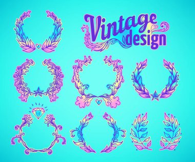 Eski tasarım elementleri ayarlandı. Parlak neon renkli kurdeleler. Vektör çizimi. 1980 'lerin tarzı. Süslü vektör dekorasyonu. Lüks, kraliyet ve Viktorya dönemi konsept tasarımı.