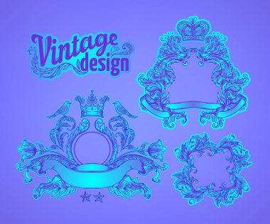 Eski tasarım elementleri ayarlandı. Parlak neon renkli kurdeleler. Vektör çizimi. 1980 'lerin tarzı. Süslü vektör dekorasyonu. Lüks, kraliyet ve Viktorya dönemi konsept tasarımı.