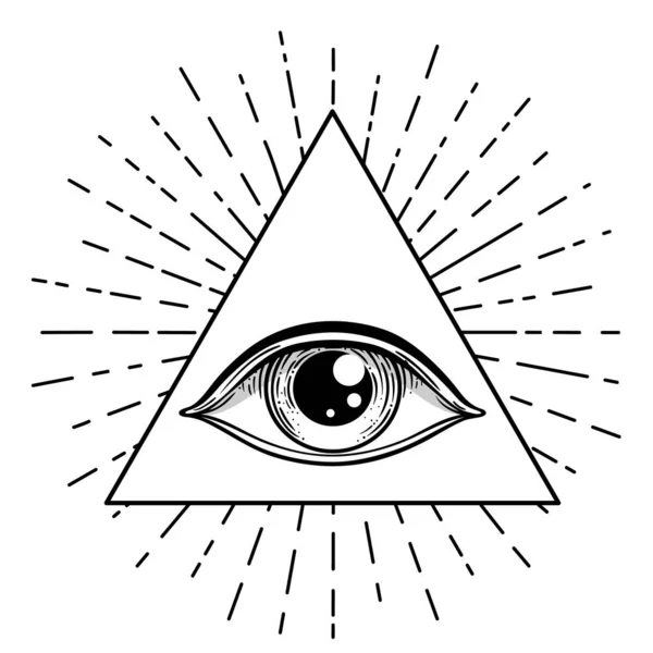 Blackwork tattoo flash. Eye of Providence. Masonic symbol. All seeing eye inside triangle pyramid. New World Order. Sacred geometry, religion. Isolated vector illustration — Stock Vector