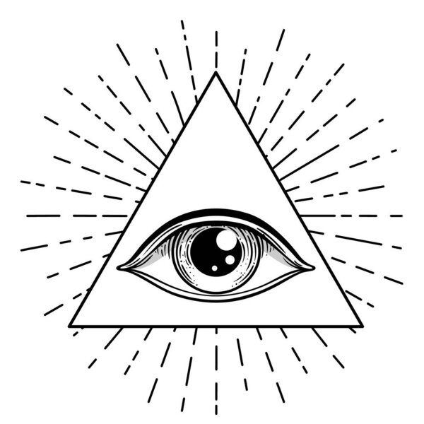 Blackwork tattoo flash. Eye of Providence. Masonic symbol. All seeing eye inside triangle pyramid. New World Order. Sacred geometry, religion. Isolated vector illustration