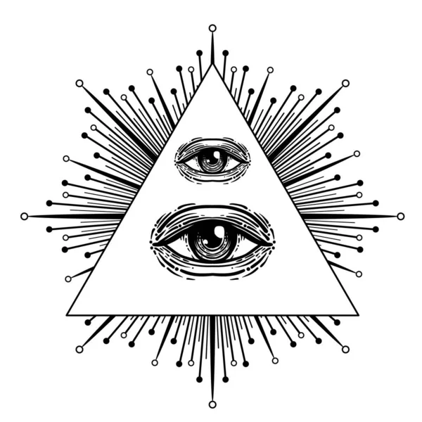 Blackwork tatuering blixt. Försynens öga. Frimurarsymbol. Alla ser ögat inuti triangeln pyramid. Den nya världsordningen. Helig geometri, religion. Isolerad vektor illustration — Stock vektor