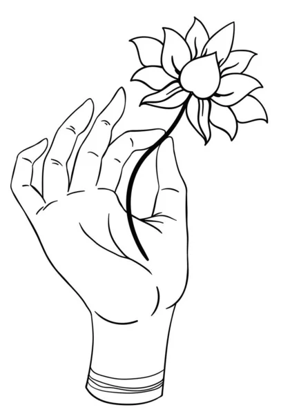 Lord Buddha Hand mit Auge hält Lotusblume. isolierte Vektorillustration von Mudra. Hindu-Motive. Tätowierung, Yoga, Spiritualität, Textilien. skizzenhafter Stil, handgezeichnet. — Stockvektor