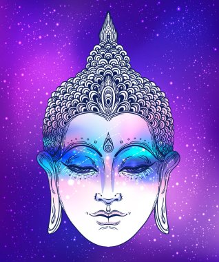 Buda 'nın yüzü kozmik arkaplanda. Esrarengiz klasik vektör çizimi. Hint, Budizm, ruhani sanat. Psikedelik Poster, Tayland Tanrısı, yoga karakteri.