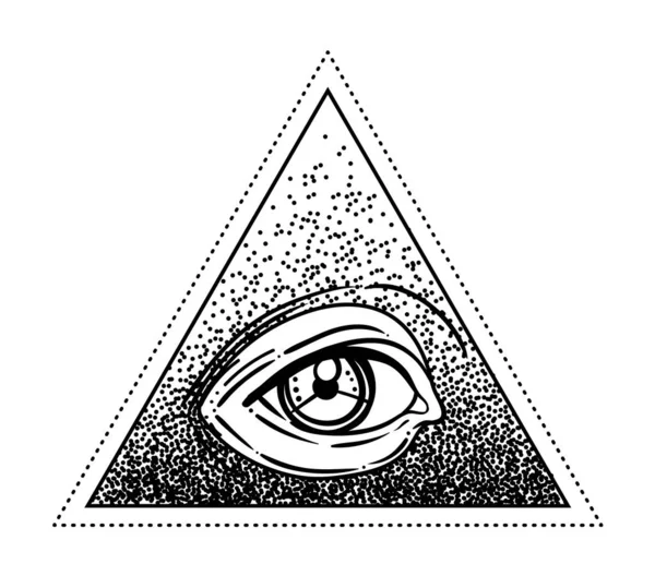 Blackwork tatuaje flash. Ojo de la Providencia. Símbolo masónico. Todos viendo el ojo dentro de la pirámide del triángulo. Nuevo Orden Mundial. Geometría sagrada, religión, espiritualidad, ocultismo . — Vector de stock