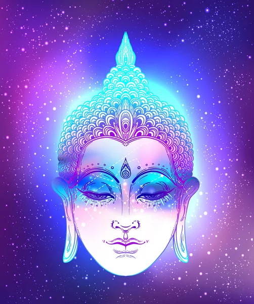 Cara de Buda sobre fundo cósmico estrelado. Ilustração esotérica do vetor vintage. Índio, budismo, arte espiritual. Cartaz psicodélico, deus tailandês, personagem de ioga . — Vetor de Stock