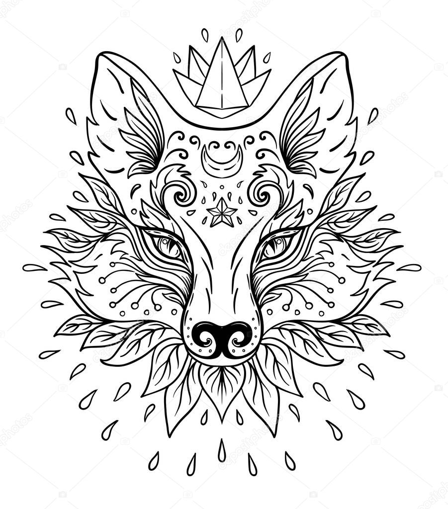 Cute fox face. Character tattoo design for pet lovers, textiles. Isolated vector illustration.