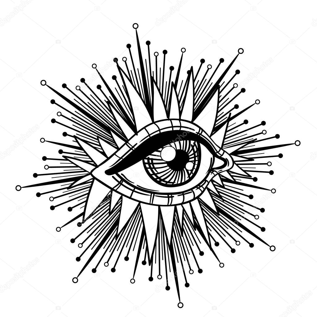 Blackwork tattoo flash. Eye of Providence. Masonic symbol. All seeing eye inside triangle pyramid. New World Order. Sacred geometry, religion, spirituality, occultism. Isolated vector illustration