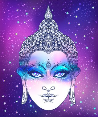 Buda 'nın yüzü kozmik arkaplanda. Esrarengiz klasik vektör çizimi. Hint, Budizm, ruhani sanat. Psikedelik Poster, Tayland Tanrısı, yoga karakteri.