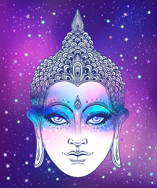 Buda cara sobre fondo cósmico estrellado. Ilustración del vector vintage esotérico. India, budismo, arte espiritual. Póster psicodélico, dios tailandés, personaje de yoga . — Vector de stock