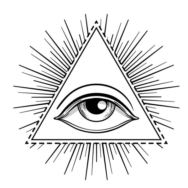Blackwork tattoo flash. Eye of Providence. Masonic symbol. All seeing eye inside triangle pyramid. New World Order. Sacred geometry, religion. Isolated vector illustration