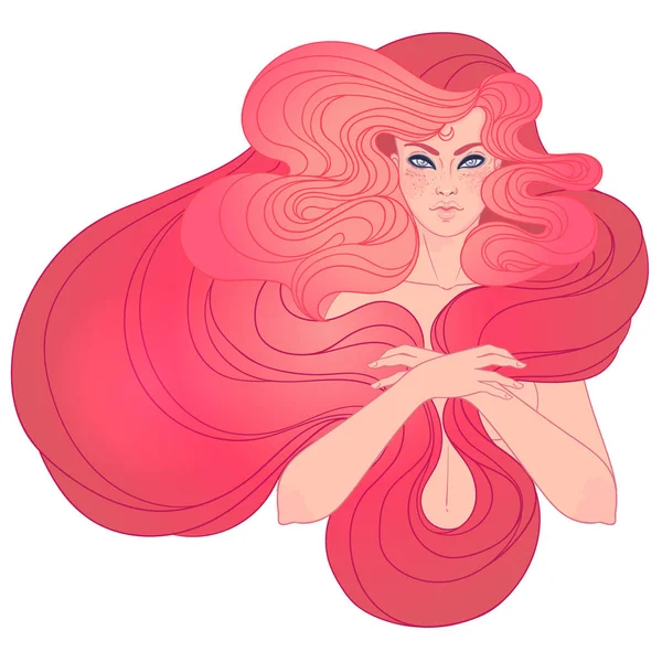 Rotkäppchen. Porträt einer hübschen jungen Frau mit langen schönen roten Haaren und Schal. Vektorillustration. Fantasie, Spiritualität. Jugendstil inspiriert. — Stockvektor