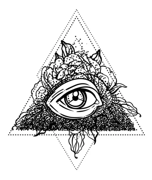 Flash de tatouage Blackwork. Tous voyant symbole de pyramide des yeux avec fleur de pivoine. Géométrie sacrée. Illustration vectorielle isolée sur blanc. Design de tatouage, symbole mystique. Œil de Providence . — Image vectorielle