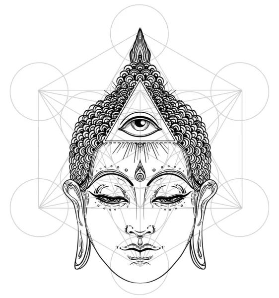 Cara de buda con todos los ojos que ven aislados en blanco. Ilustración del vector vintage esotérico. India, budismo, arte espiritual. Tatuaje hippie , — Vector de stock