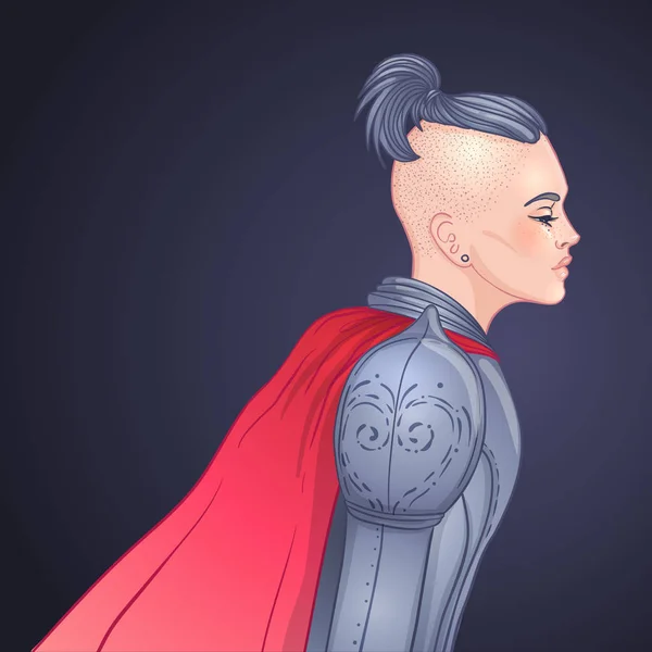 Potret gadis cantik dengan pedang. Ksatria berbaju baja wanita. Vektor ilustrasi. Estetika abad pertengahan. Kekuatan wanita. Joan of Arc terinspirasi. Stiker, patch, cetak t-shirt  , Stok Ilustrasi Bebas Royalti