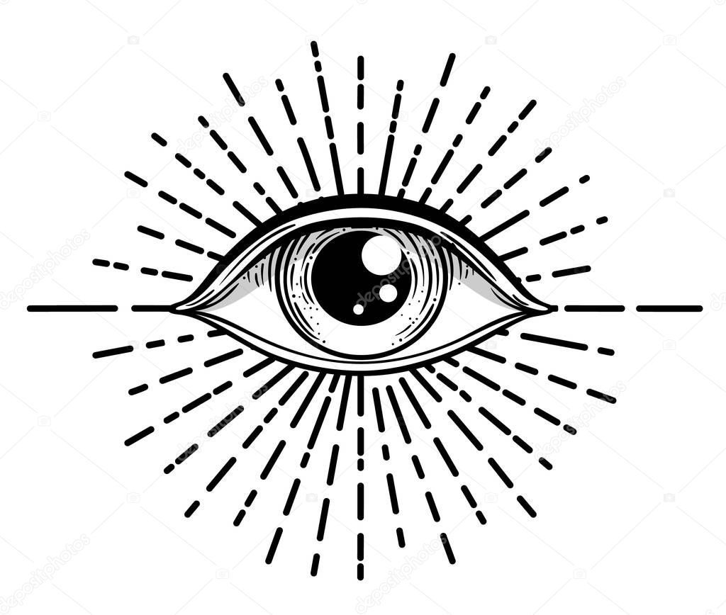 Blackwork tattoo flash. Eye of Providence. Masonic symbol. All seeing eye inside triangle pyramid. New World Order. Sacred geometry, religion. Isolated vector illustration