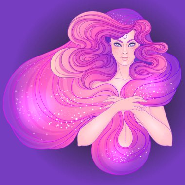 Büyülü bir gece. Güzel genç bir kadının portresi. Uzun kızıl saçlı ve atkılı. Vektör çizimi. Fantezi, maneviyat. Art Nouveau 'nun ilham kaynağı.