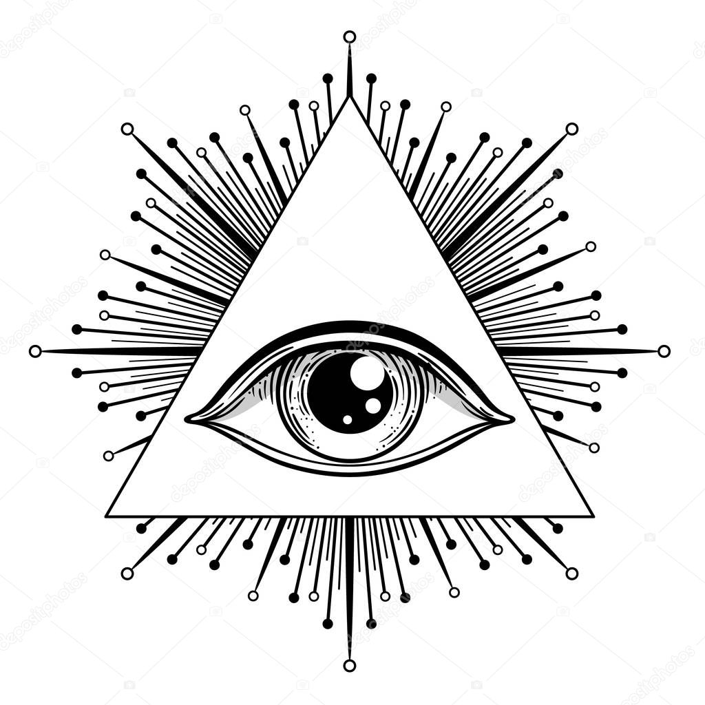 Blackwork tattoo flash. Eye of Providence. Masonic symbol. All seeing eye inside triangle pyramid. New World Order. Sacred geometry, religion, spirituality, occultism. Isolated vector illustration