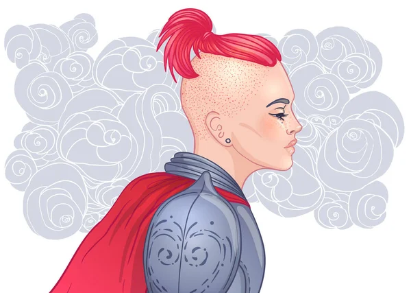 Potret gadis cantik dengan pedang. Ksatria berbaju baja wanita. Vektor ilustrasi. Estetika abad pertengahan. Kekuatan wanita. Joan of Arc terinspirasi. Stiker, patch, cetak t-shirt  , Grafik Vektor