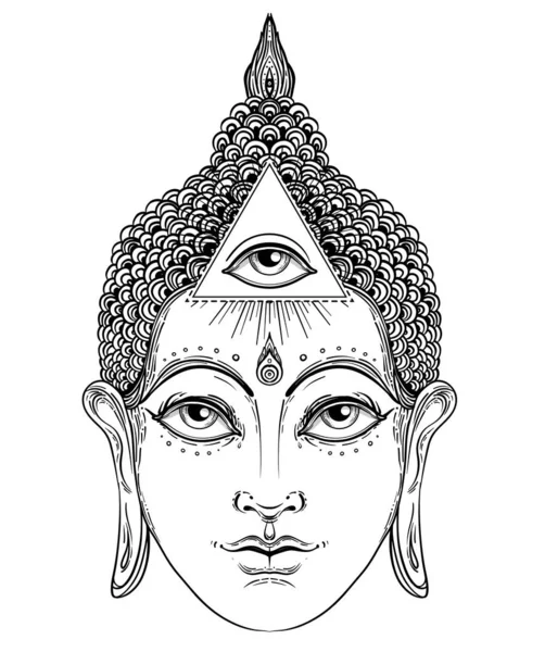 Boeddha gezicht met alle ziende oog geïsoleerd op wit. Esoterische vintage vector illustratie. Indiaas, Boeddhisme, spirituele kunst. Hippie tatoeage, — Stockvector