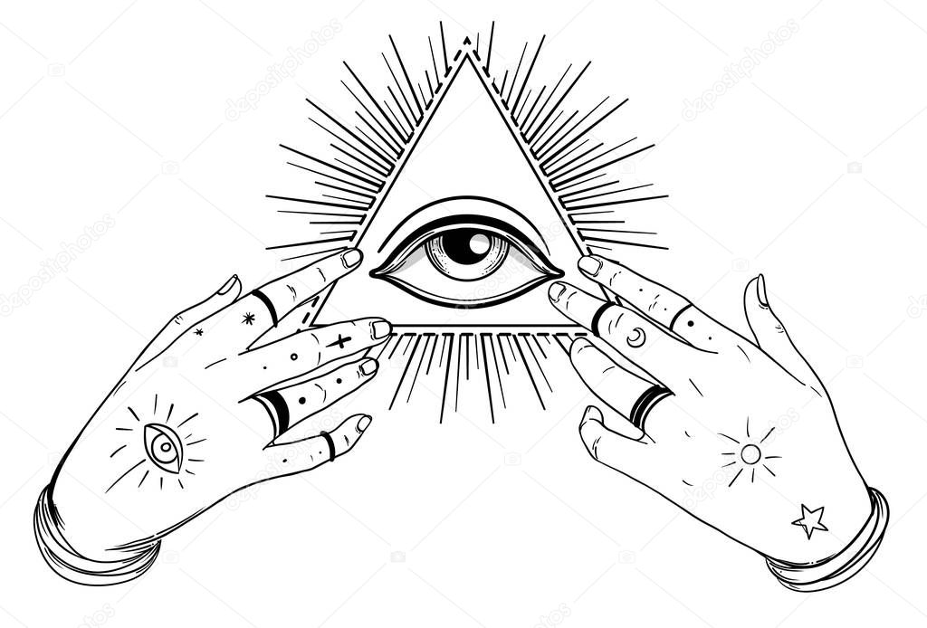 Human hands open around masonic symbol all seeing eye over sacred heart and pyramid. New World Order. Alchemy, religion, spirituality, occultism. Color vector illustration.