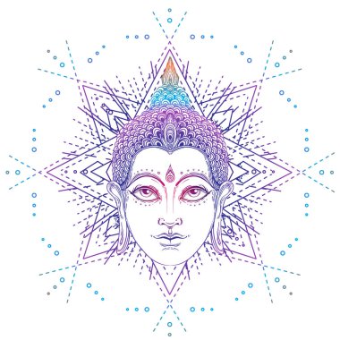 Buda suratı. Esrarengiz klasik vektör çizimi. Hint, Budizm, ruhani sanat. Hippi dövmesi, ruhanilik, Tayland tanrısı, yoga zen