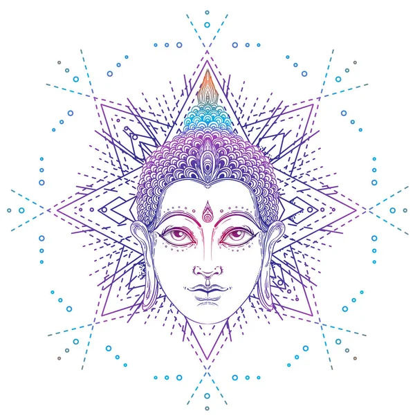 Boeddha gezicht. Esoterische vintage vector illustratie. Indiaas, Boeddhisme, spirituele kunst. Hippie tatoeage, spiritualiteit, Thaise god, yoga zen — Stockvector