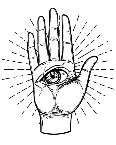 すべての目でヴィンテージの手。神秘的でオカルト的な手描きのシンボルで手描きのスケッチイラスト。パルミトリーのコンセプト。ベクターイラスト. — ストックベクタ