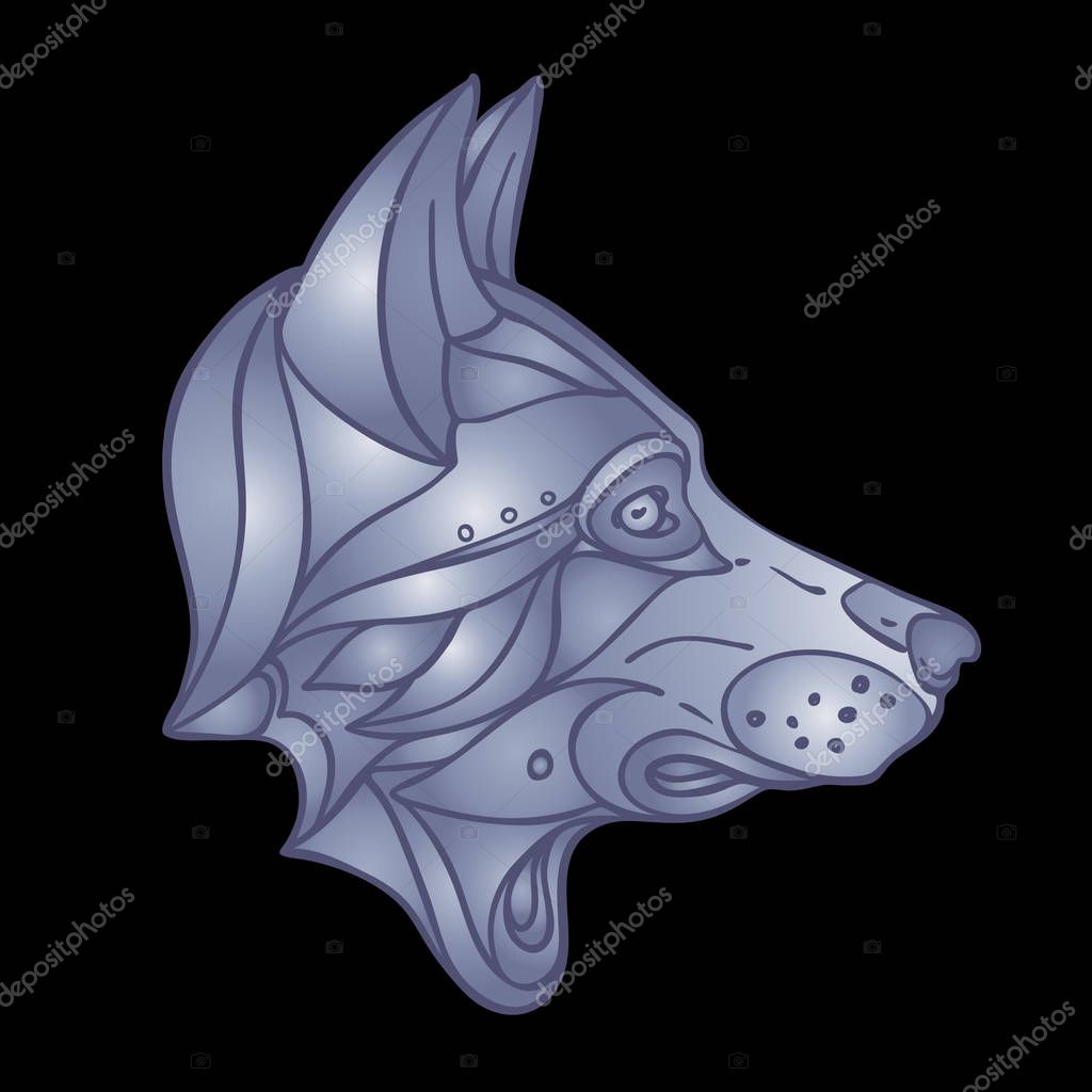 Wolf head. Side view. wildlife tattoo art, fantasy style. Vector isolated illustration.