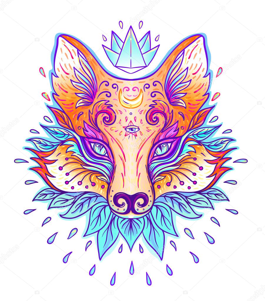 Cute fox face. Character tattoo design for pet lovers, textiles. Isolated vector illustration.
