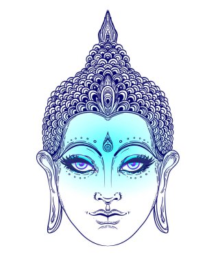 Buda suratı. Esrarengiz klasik vektör çizimi. Hint, Budizm, ruhani sanat. Hippi dövmesi, ruhanilik, Tayland tanrısı, yoga zen