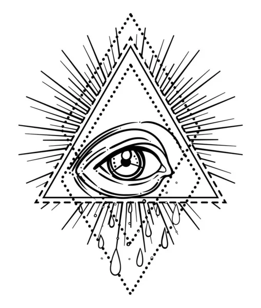 Flash de tatouage Blackwork. Œil de Providence. Un symbole maçonnique. Tous les yeux dans la pyramide triangulaire. Nouvel ordre mondial. Géométrie sacrée, religion, spiritualité, occultisme . — Image vectorielle