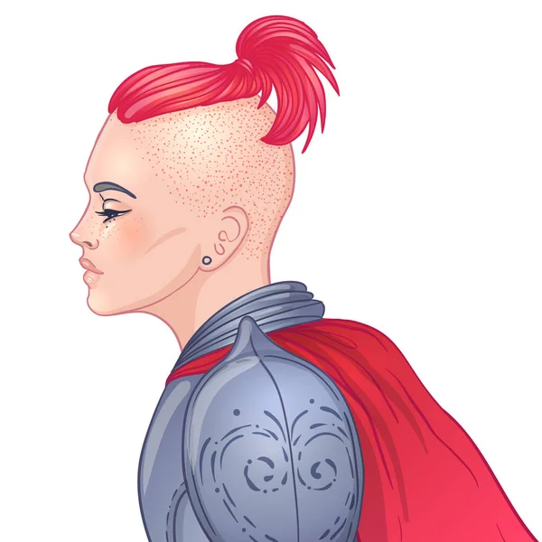 Potret gadis cantik dengan pedang. Ksatria berbaju baja wanita. Vektor ilustrasi. Estetika abad pertengahan. Kekuatan wanita. Joan of Arc terinspirasi. Stiker, patch, cetak t-shirt  , Stok Ilustrasi 