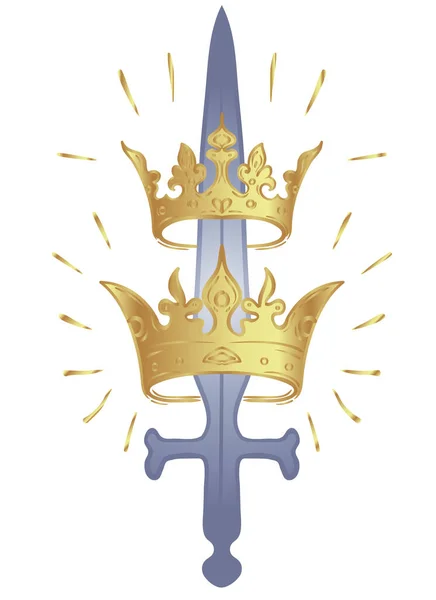 剣と王冠が２つ。ヴィンテージゴシック様式のインスピレーションアート。ベクトルイラスト分離。入れ墨のデザイン. — ストックベクタ
