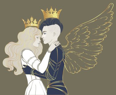 Aşk kazanır. Romantik lezbiyen çift. Zırhlı ve kanatlı bir kadın şövalye bir prensesi öpüyor. Ortaçağ estetiği. Vektör çizimi. Sevgililer Günü kartı.