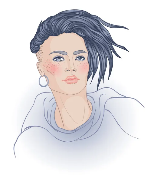 Retrato de una joven guapa caucásica con corte corto de pixie. Ilustración vectorial aislada. Arte dibujado a mano de una chica de aspecto juvenil. Corte de pelo moderno para mujer . — Vector de stock