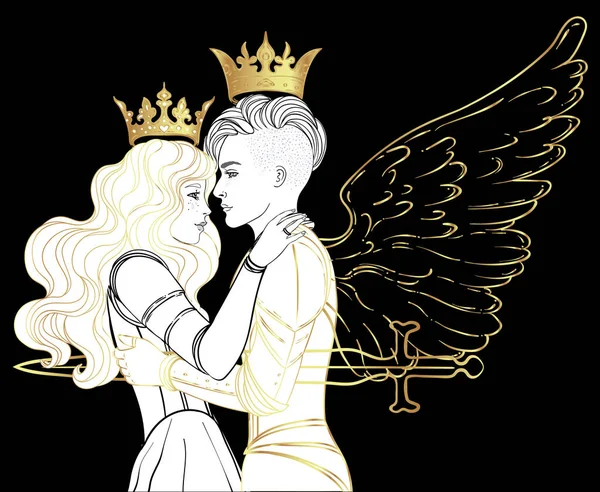 Kärleken vinner. Romantiskt lesbiskt par. Kvinnlig riddare i rustning och vingar kysser en prinsessa. Medeltida estetik. Vektorillustration. Alla hjärtans dag kort. — Stock vektor