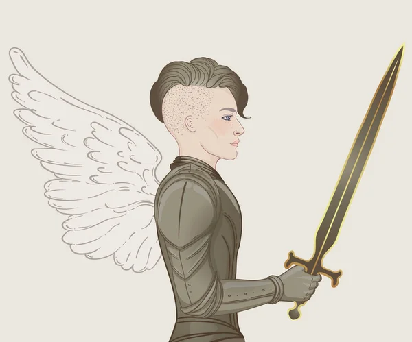 Potret gadis cantik dengan sayap malaikat agung. Ksatria wanita dengan baju besi dan pedang. Vektor diisolasi ilustrasi. Estetika abad pertengahan. Kekuatan wanita. Joan of Arc terinspirasi  . Stok Ilustrasi Bebas Royalti