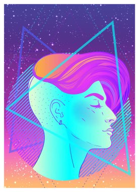 Portrait of a young pretty androgynous woman with short shaved pixie undercut in retro futurism style. Vector illustration in neon bright colors. Blue short hair. clipart