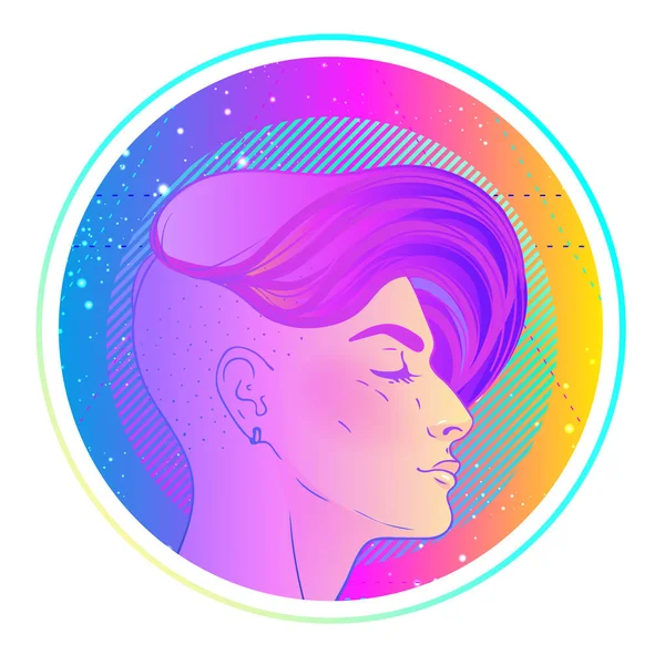 Porträtt av en ung söt androgyn kvinna med kort rakad älva undercut i retro futurism stil. Vektor illustration i neon ljusa färger. Blått kort hår. — Stock vektor