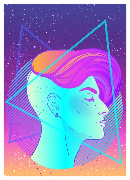 Portret van een jonge mooie androgyne vrouw met kort geschoren pixie ondermijnd in retro futurisme stijl. Vector illustratie in neon heldere kleuren. Blauw kort haar. — Stockvector