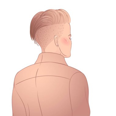 Kısa traşlı peri kesimli güzel bir kadının portresi. Sırtında iğne veya yama şeklinde gökkuşağı LGBT sembolleri var. Vektör çizimi izole edildi.