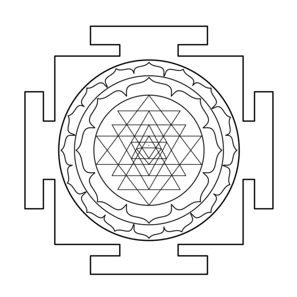 O Sri Yantra ou Sri Chakra, forma de diagrama místico, escola Shri Vidya do símbolo do tantra hindu. Elemento de desenho vetorial da geometria sagrada. Ilustração vetorial . — Vetor de Stock