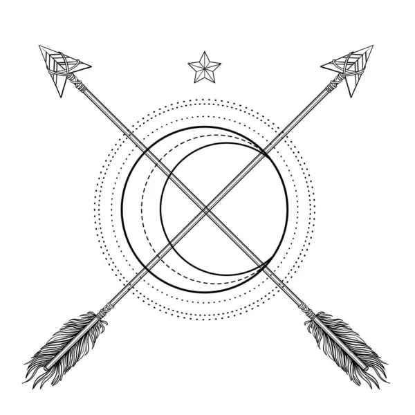 ブラックワーク・タトゥー・フラッシュ。神聖な幾何学、矢印と月。白で分離された非常に詳細なベクトル図。神秘的なシンボル。新しい学校のドットワーク。坊デザイン. — ストックベクタ