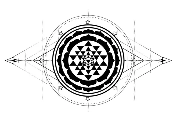 Sri Yantra czyli Sri Chakra, forma mistycznego diagramu, szkoła tantry hinduskiej Shri Vidya. Święty element konstrukcyjny wektora geometrii. Ilustracja wektora. — Wektor stockowy