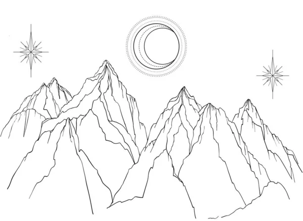 Paisaje de montaña. Ilustración vectorial en blanco y negro aislado. Geometría sagrada luna creciente y estrellas. Obra de arte de aventura para viajes y tatuaje wanderlust . — Archivo Imágenes Vectoriales