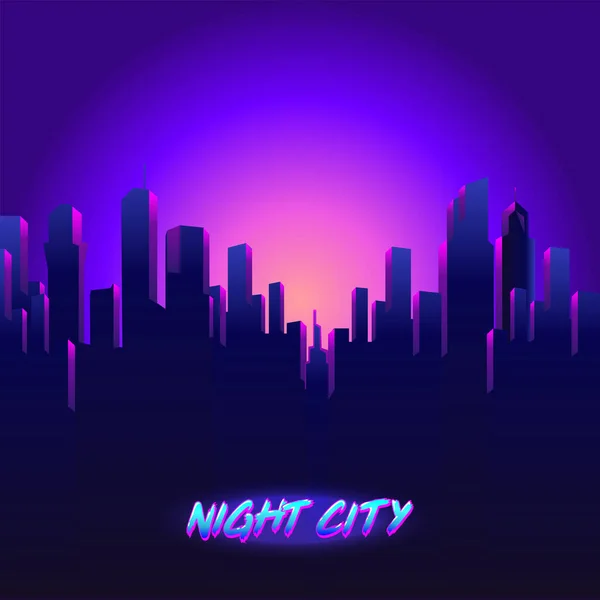 Illustrazione futuristica di onde sintetiche vettoriali. Sfondo poster anni '80 Retro con Night City Skyline. Rave partito Volantino modello di design — Vettoriale Stock